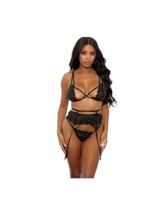 Eyelash Lace Bra, High Waist Garter Belt & G-String Black